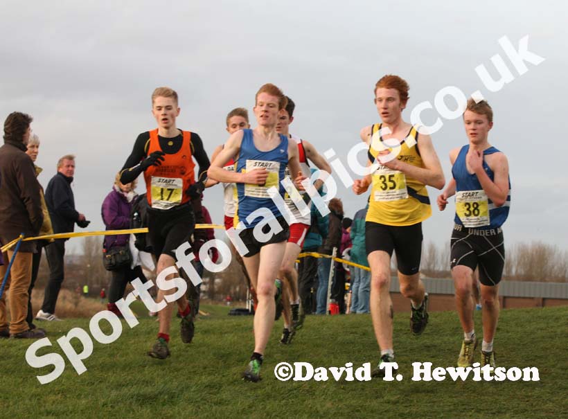 From left to rihgt: No 17 Oliver Watson (Durham City), No 5 Tom Goulding (Birtley), No 35 Liam Emmett (Jarrow) and no 17 Nathan Cox (Morpeth) eventual winner of the under-17 mens North Eastern Cross Country, Champs., Temple Park, South Shields. Photo: David T. Hewitson/Sports for All Pics